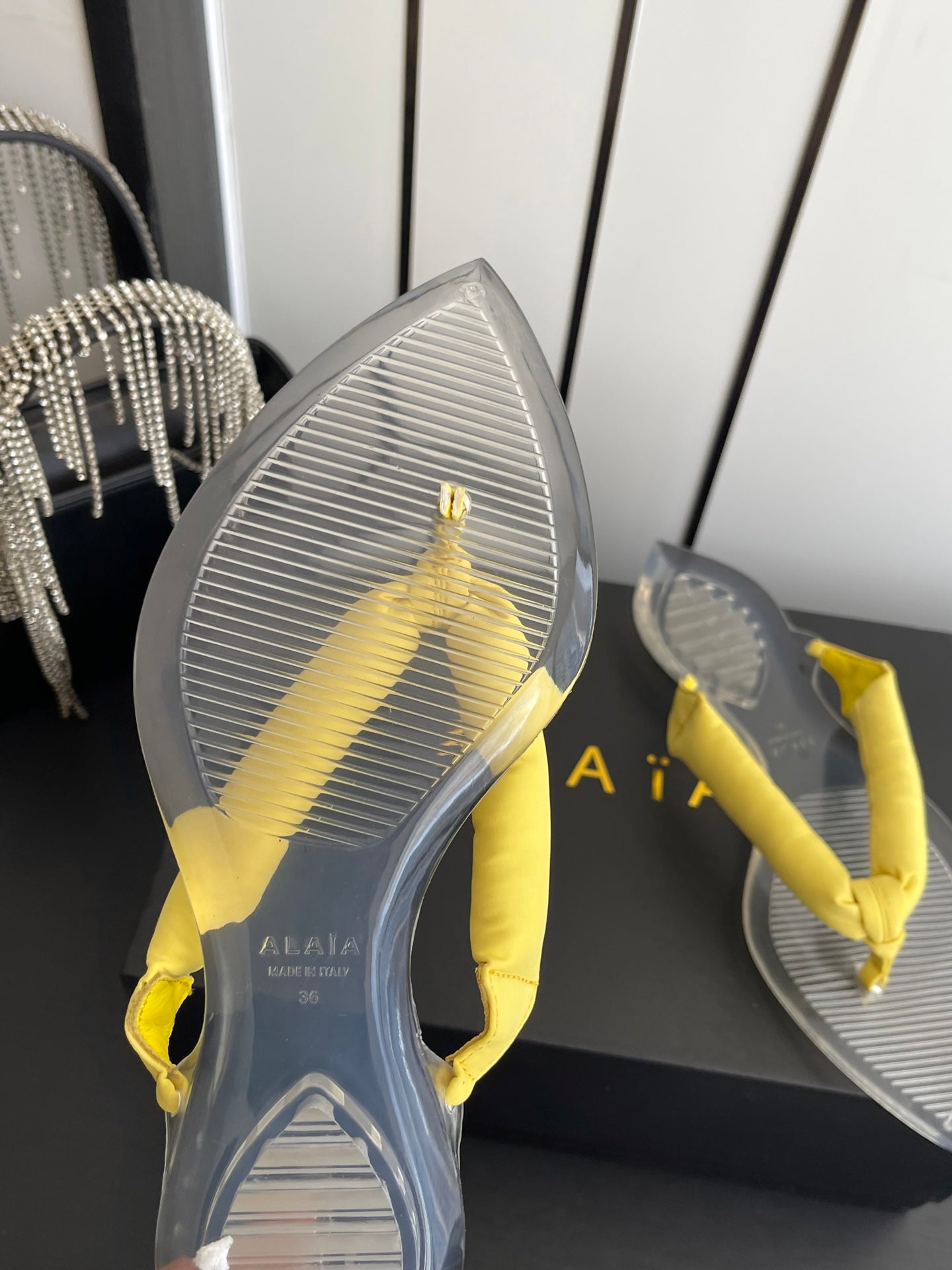 Alaïa Invisible Thong Mules Light Yellow Satin 740045