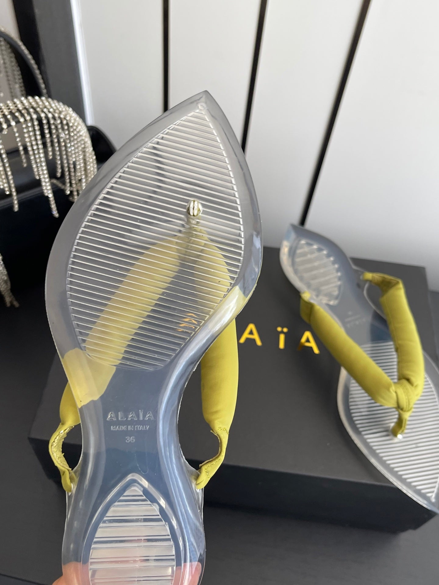 Alaïa Invisible Thong Mules Yellow Satin 740046