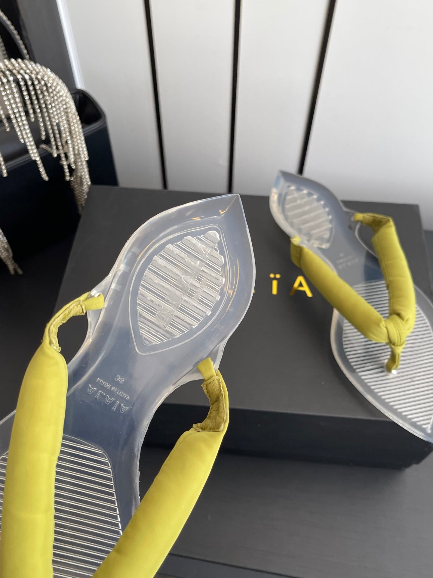 Alaïa Invisible Thong Mules Yellow Satin 740046