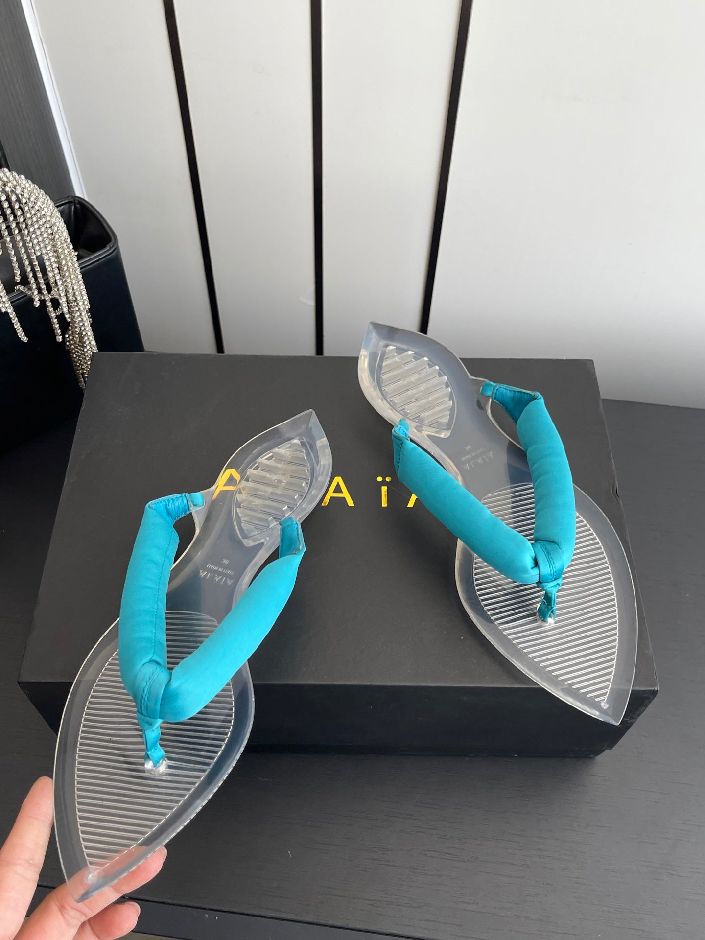 Alaïa Invisible Thong Mules Light Blue Satin 740044