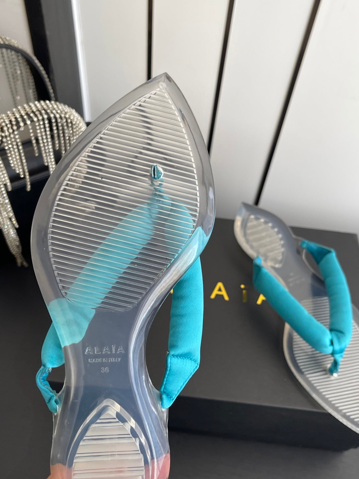 Alaïa Invisible Thong Mules Light Blue Satin 740044