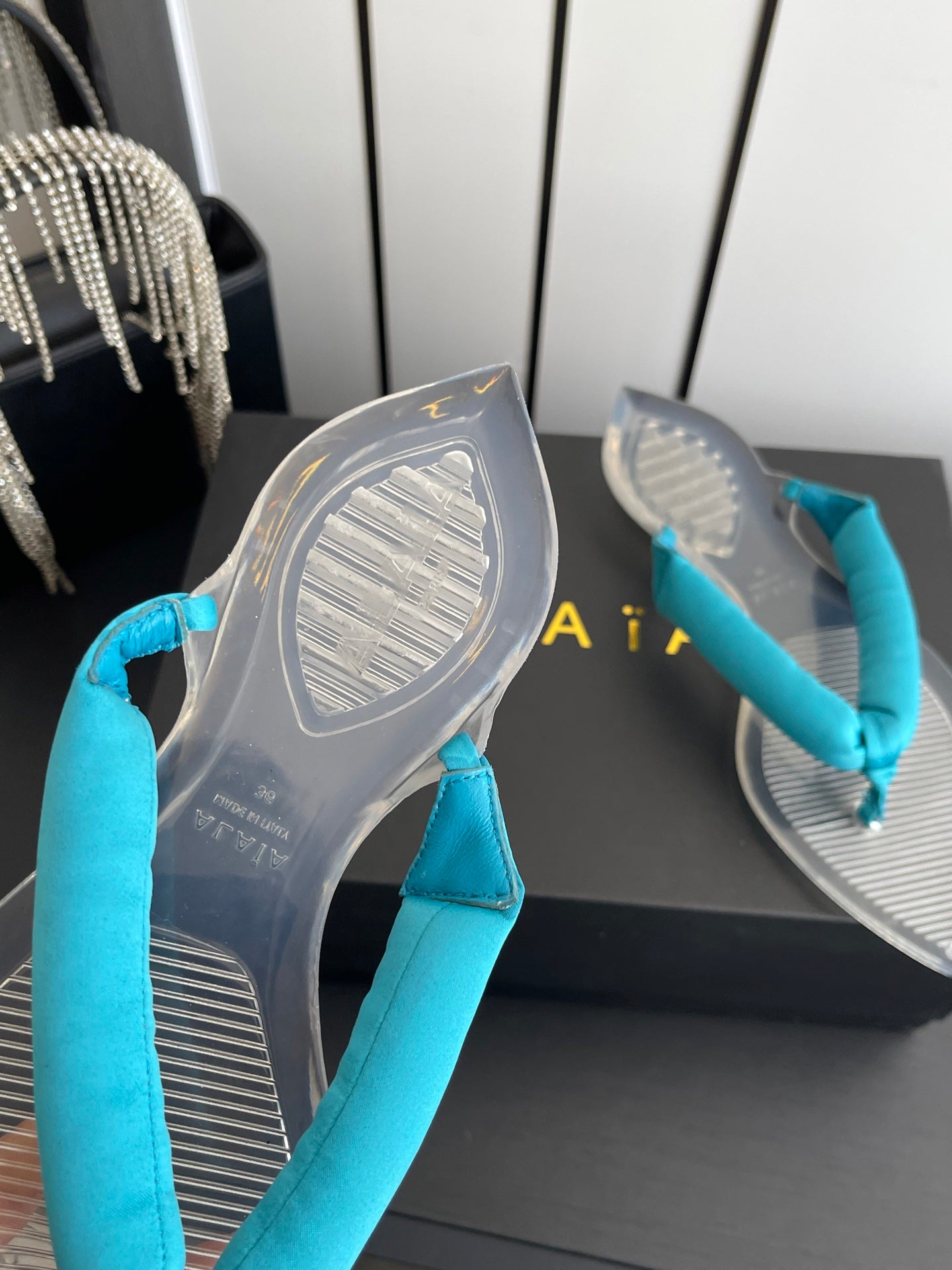 Alaïa Invisible Thong Mules Light Blue Satin 740044