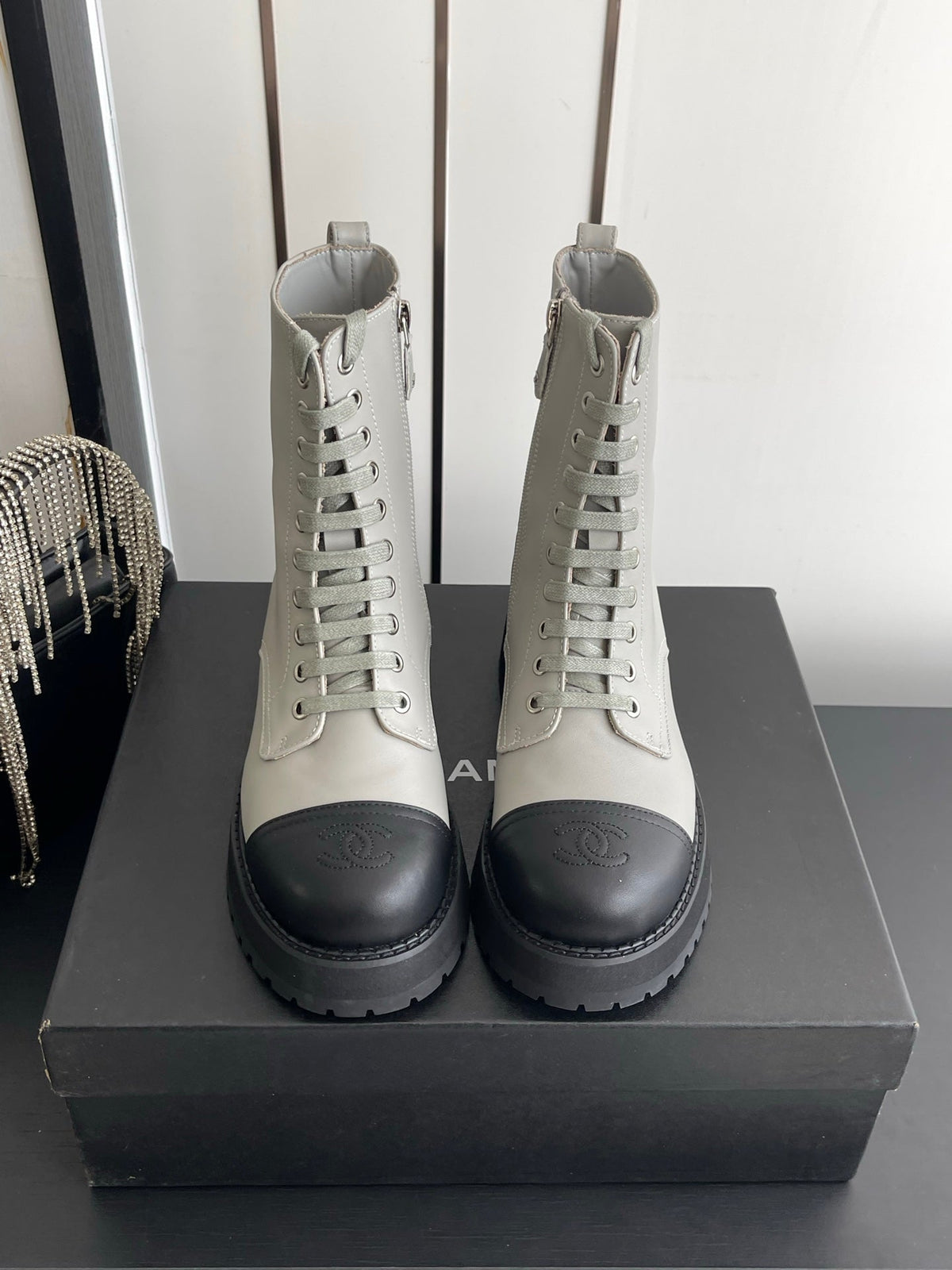 CC 26s Lace Up Combat Boots Grey Black Leather 110190