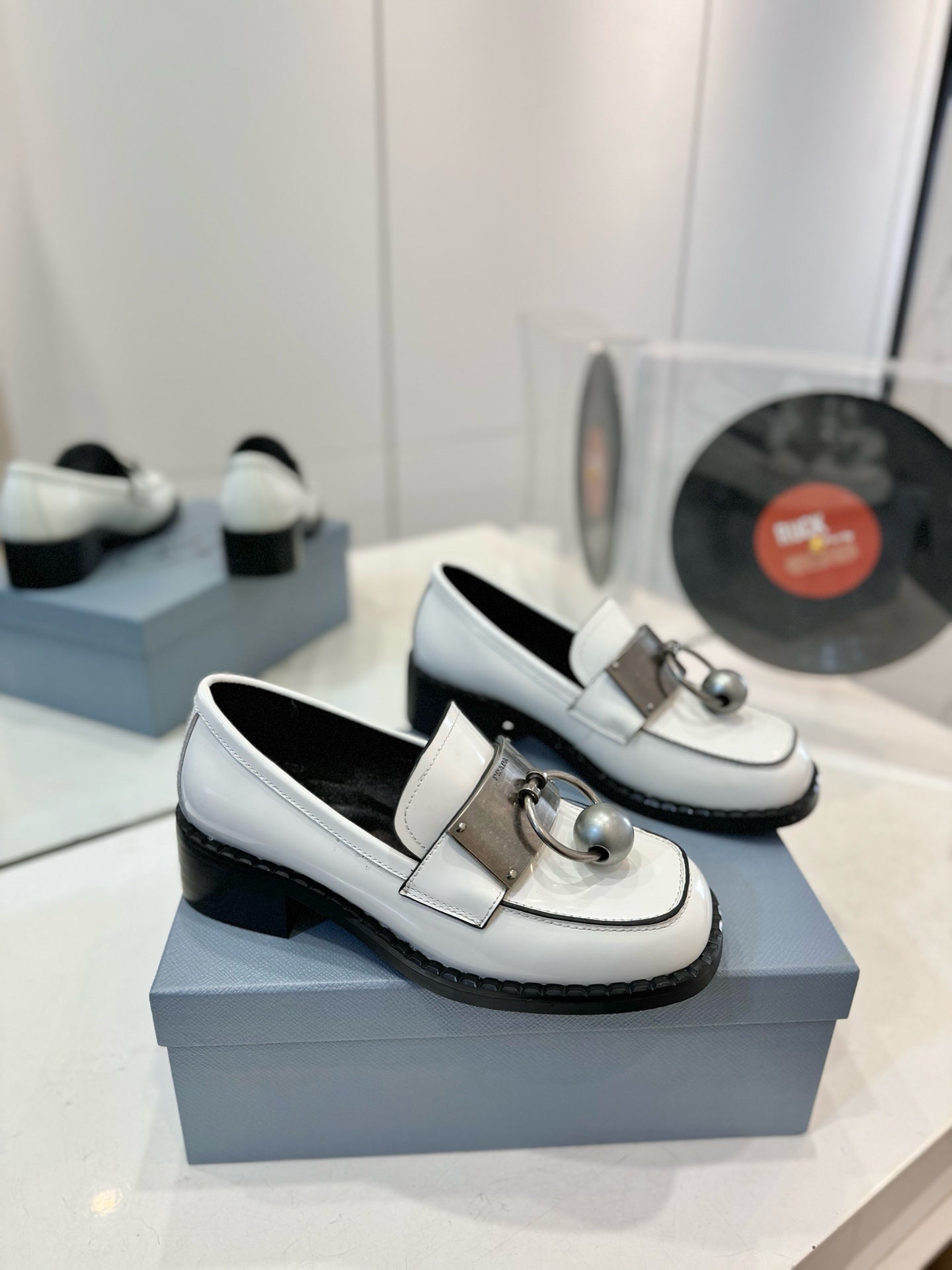 Prada 26s Ball Chain Loafers White Brushed Leather 941516