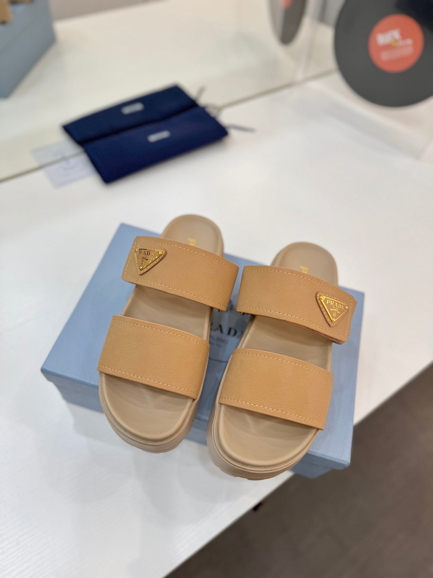 Prada 26s Double-Strap Sandals 5cm Beige Suede Leather 941597