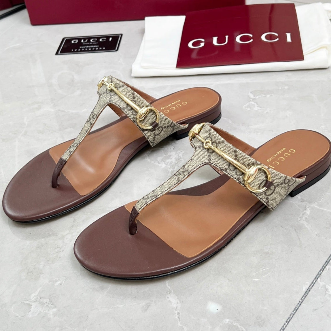 GC 25 Horsebit Thong Sandals Brown Canvas Leather 293854