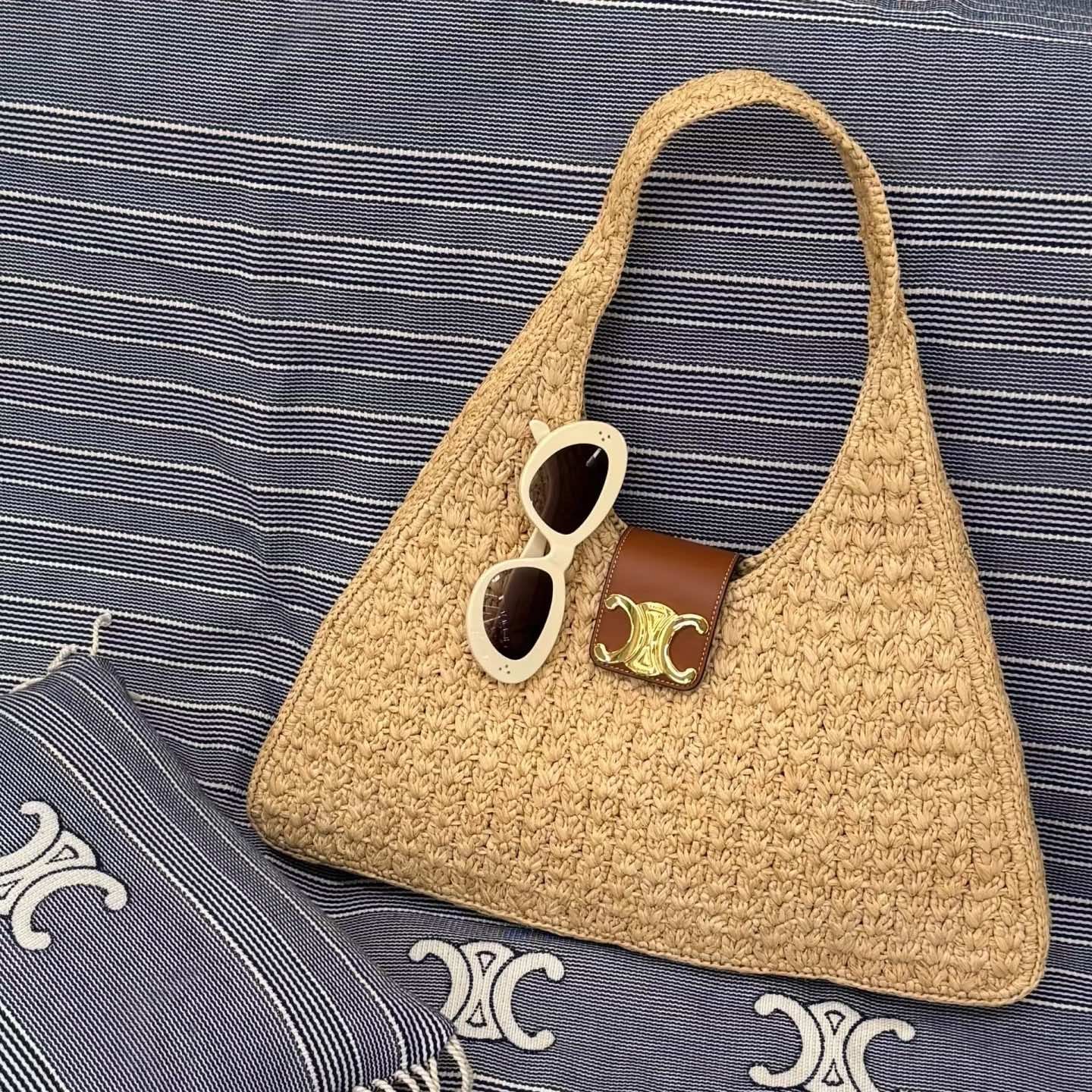 Celine Cabas Triangle Raffia Calfskin
