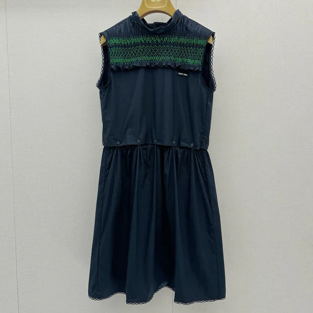 MiuMiu 2026 Sleeveless Dress Navy Green Cotton 648450