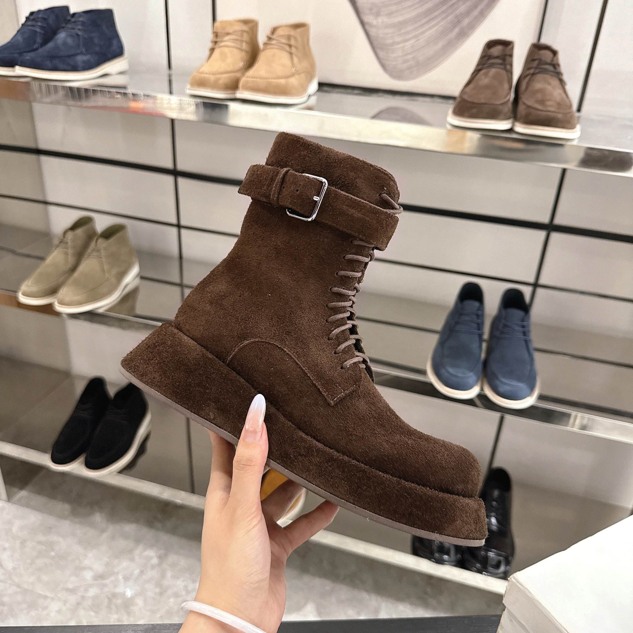 The Row SS2025 Boots With Strap Dark Brown Suede 543370
