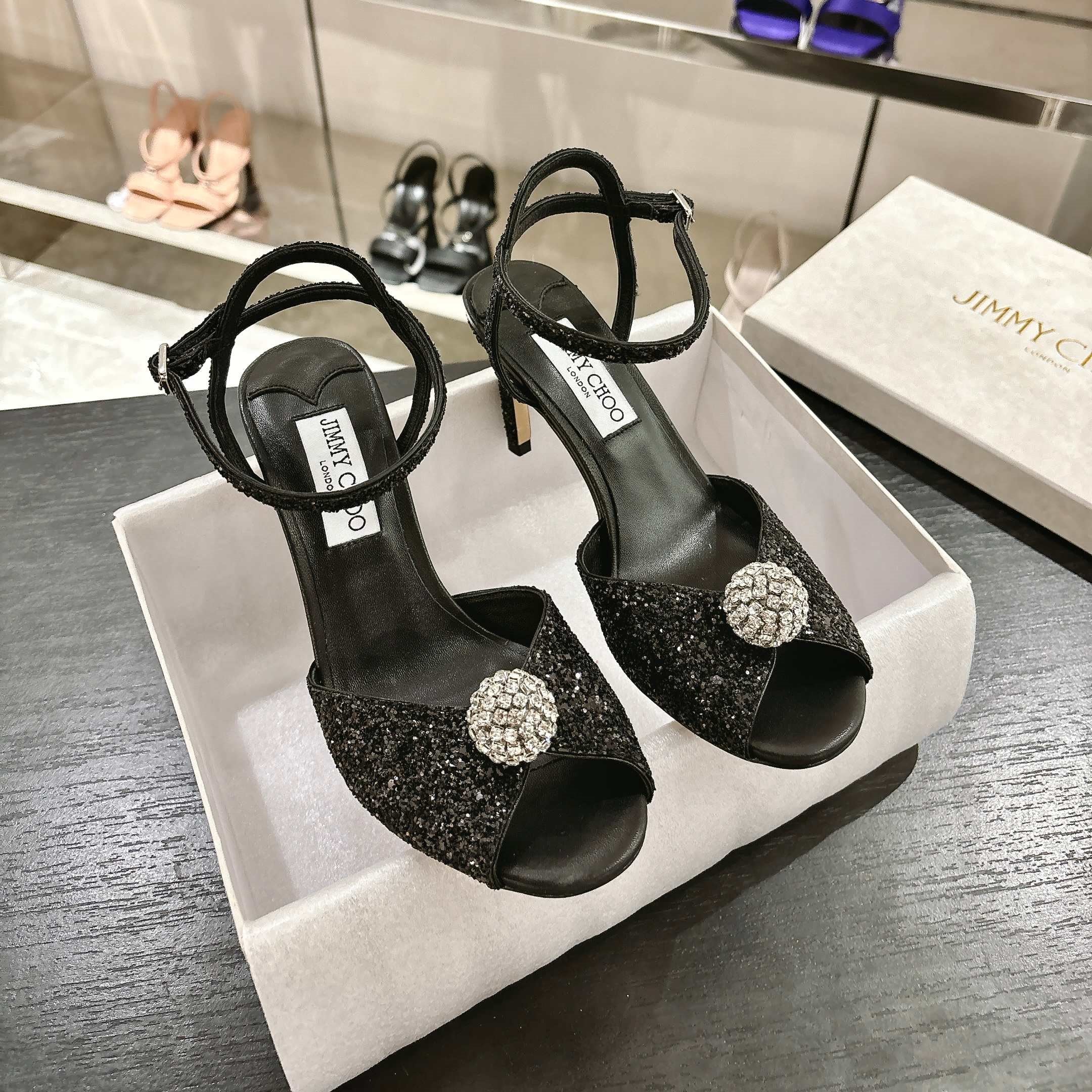 Jimmy Choo Sacora Crystal Sandal 65 Black Cowhide 597659