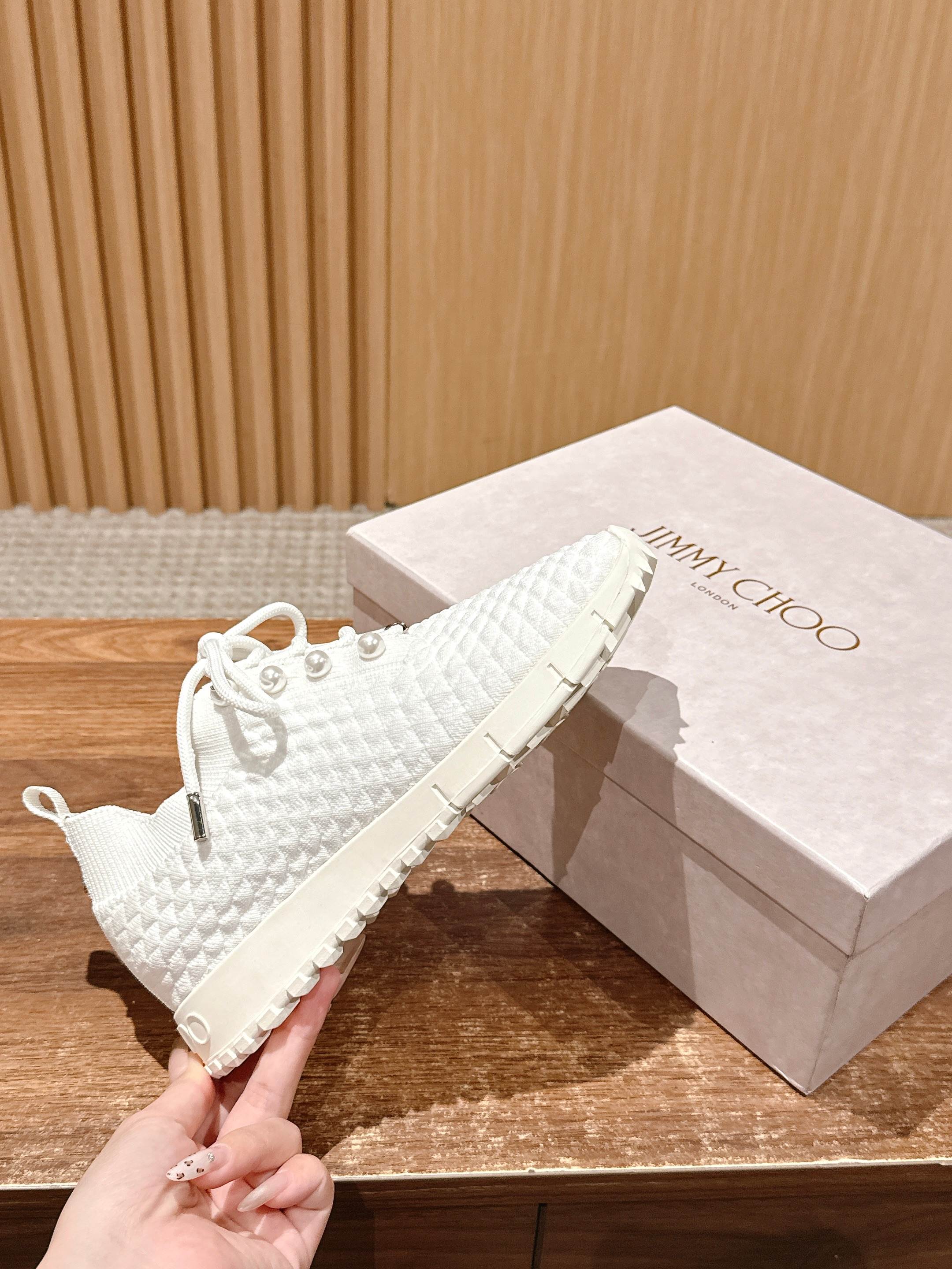 Jimmy Pearl - Embellished Sneakers White Textured Knit 400160
