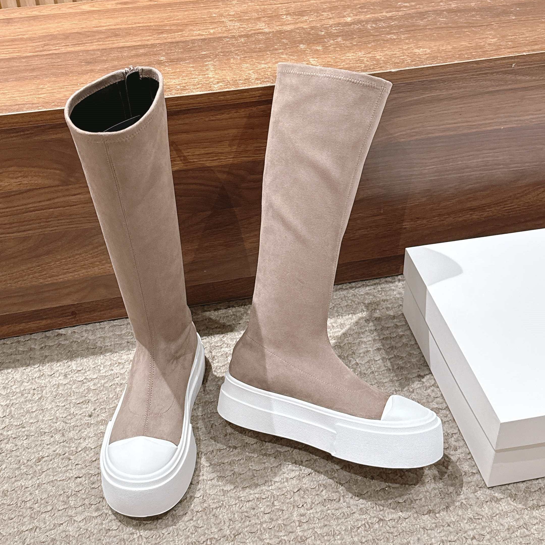 The Row Thick-soled Classic Knee-high Boots Light Brown White Suede 444172