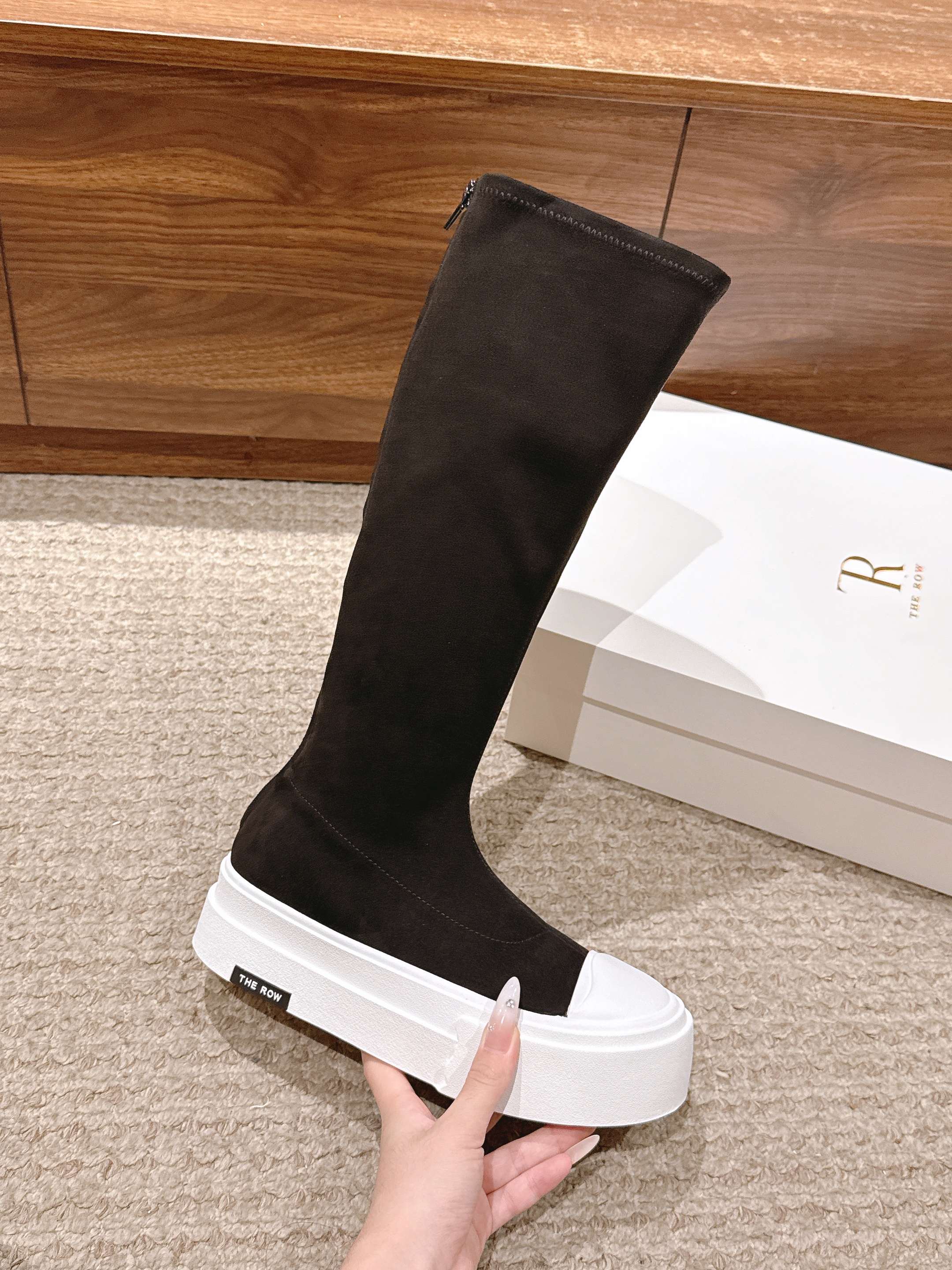 The Row Thick-soled Classic Knee-high Boots Black White Suede 444173