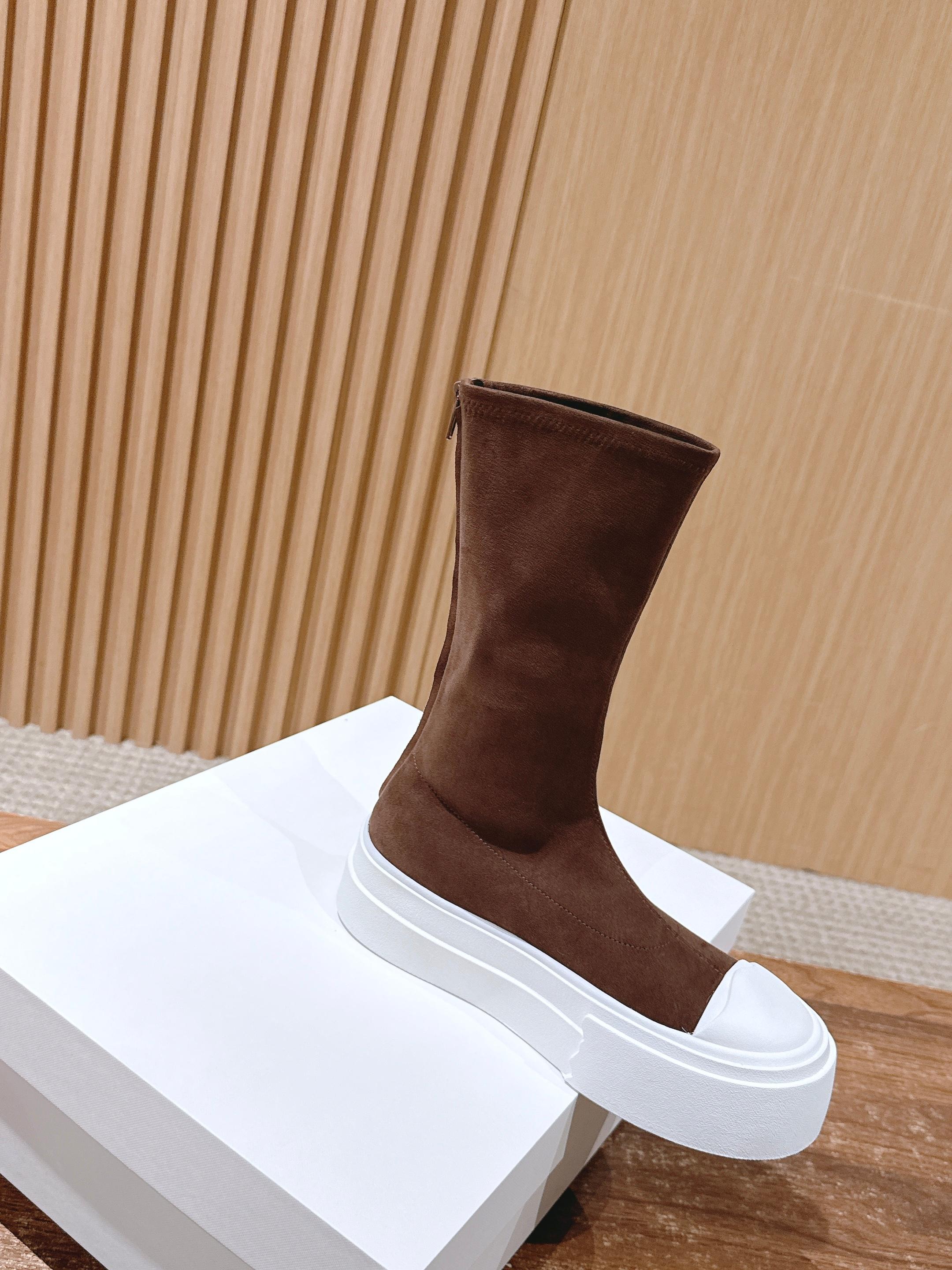 The Row Thick-soled Classic Round Toe Stretch Boots Brown White Suede 444175