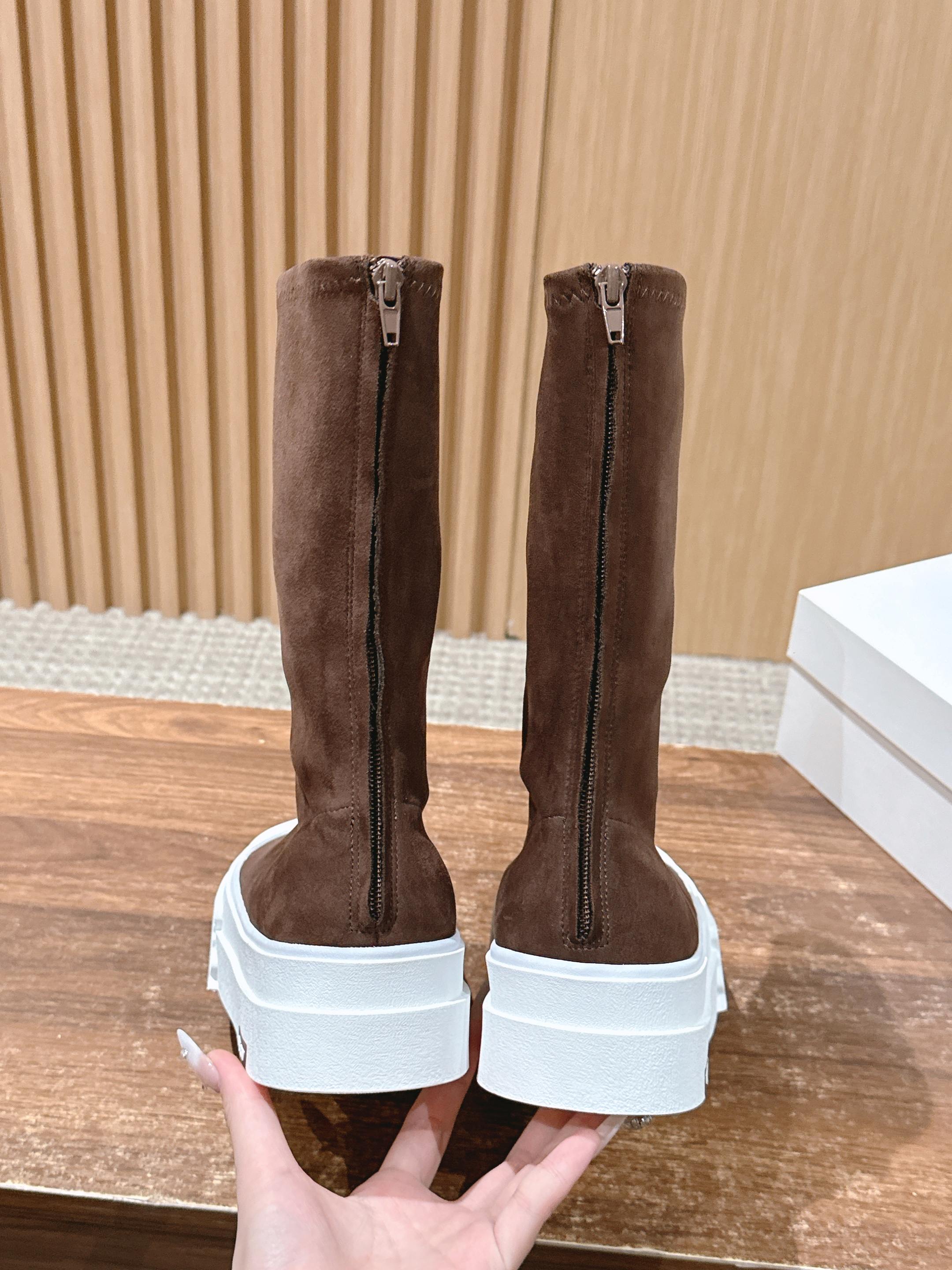 The Row Thick-soled Classic Round Toe Stretch Boots Brown White Suede 444175