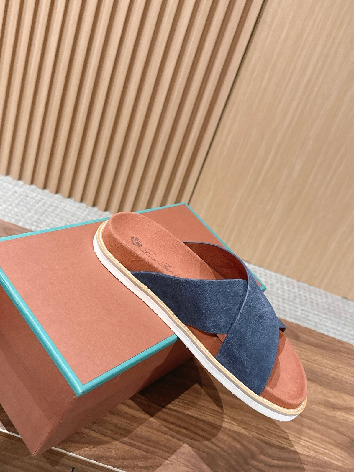 LP 26s Cross Strap Slides Sandal In Navy Blue Suede