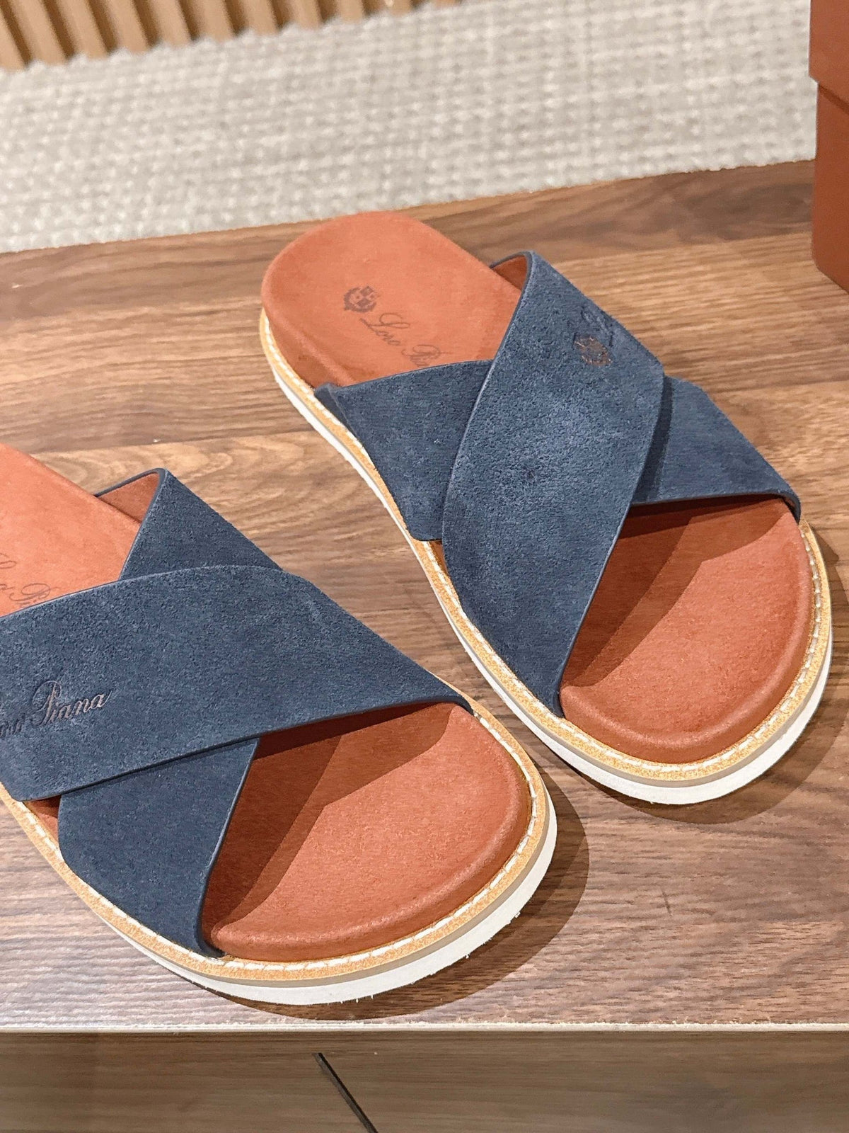 LP 26s Cross Strap Slides Sandal In Navy Blue Suede