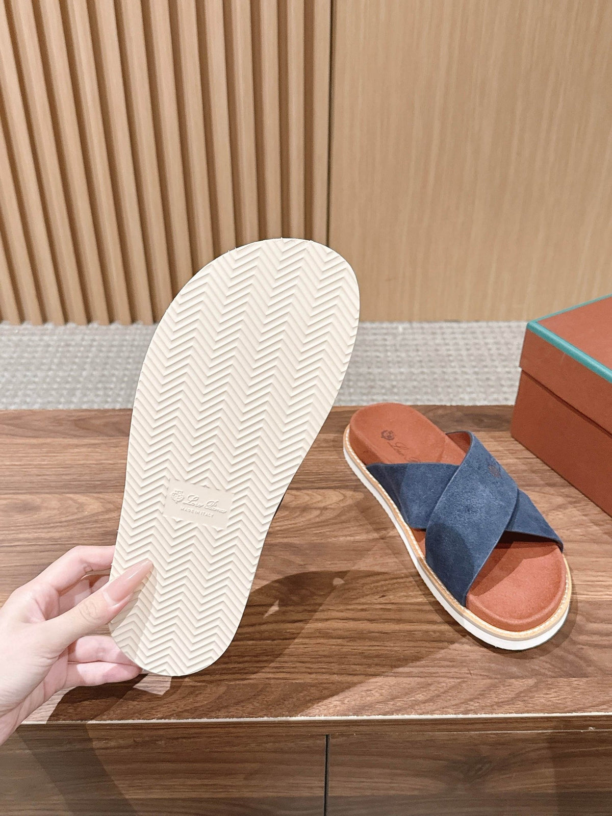 LP 26s Cross Strap Slides Sandal In Navy Blue Suede