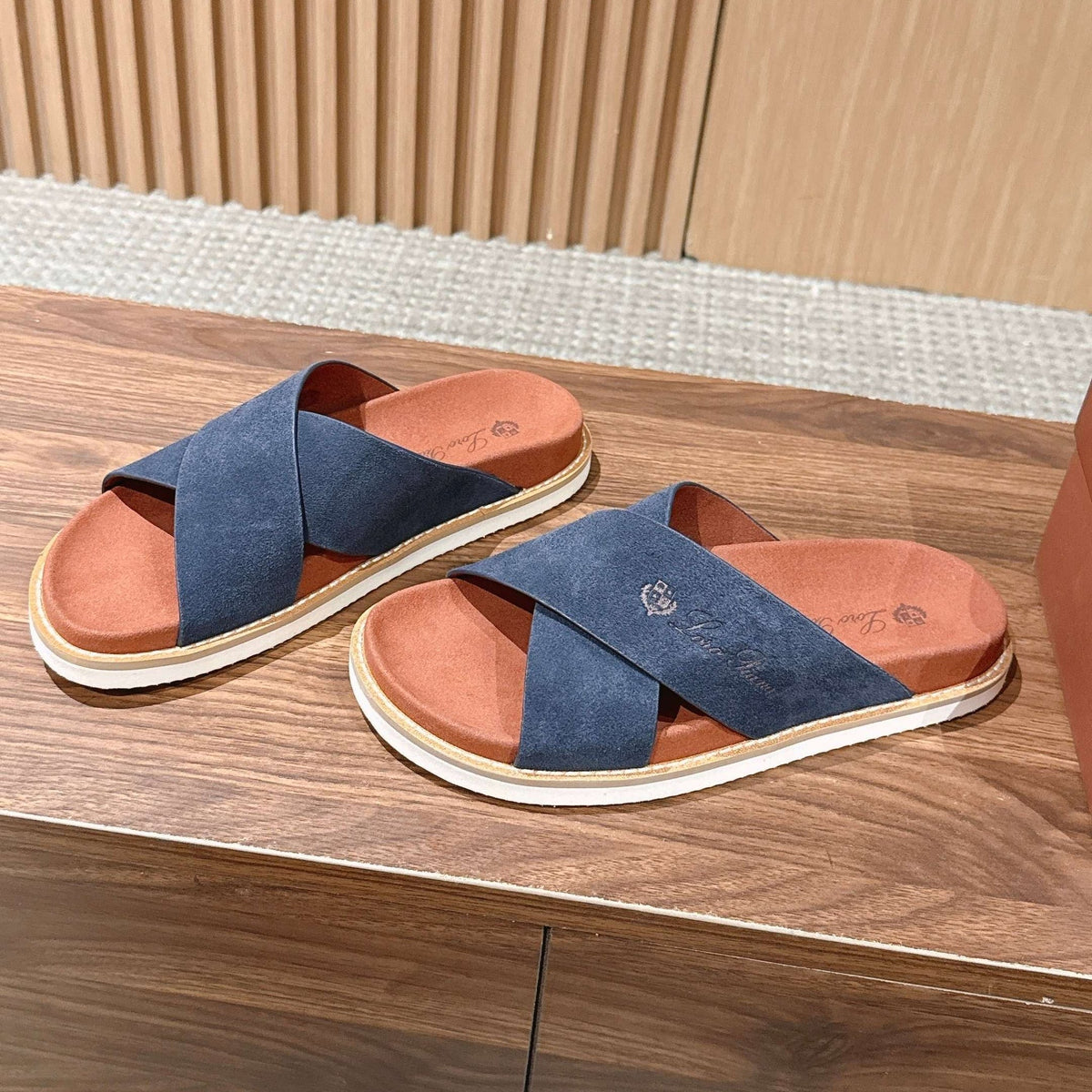 LP 26s Cross Strap Slides Sandal In Navy Blue Suede