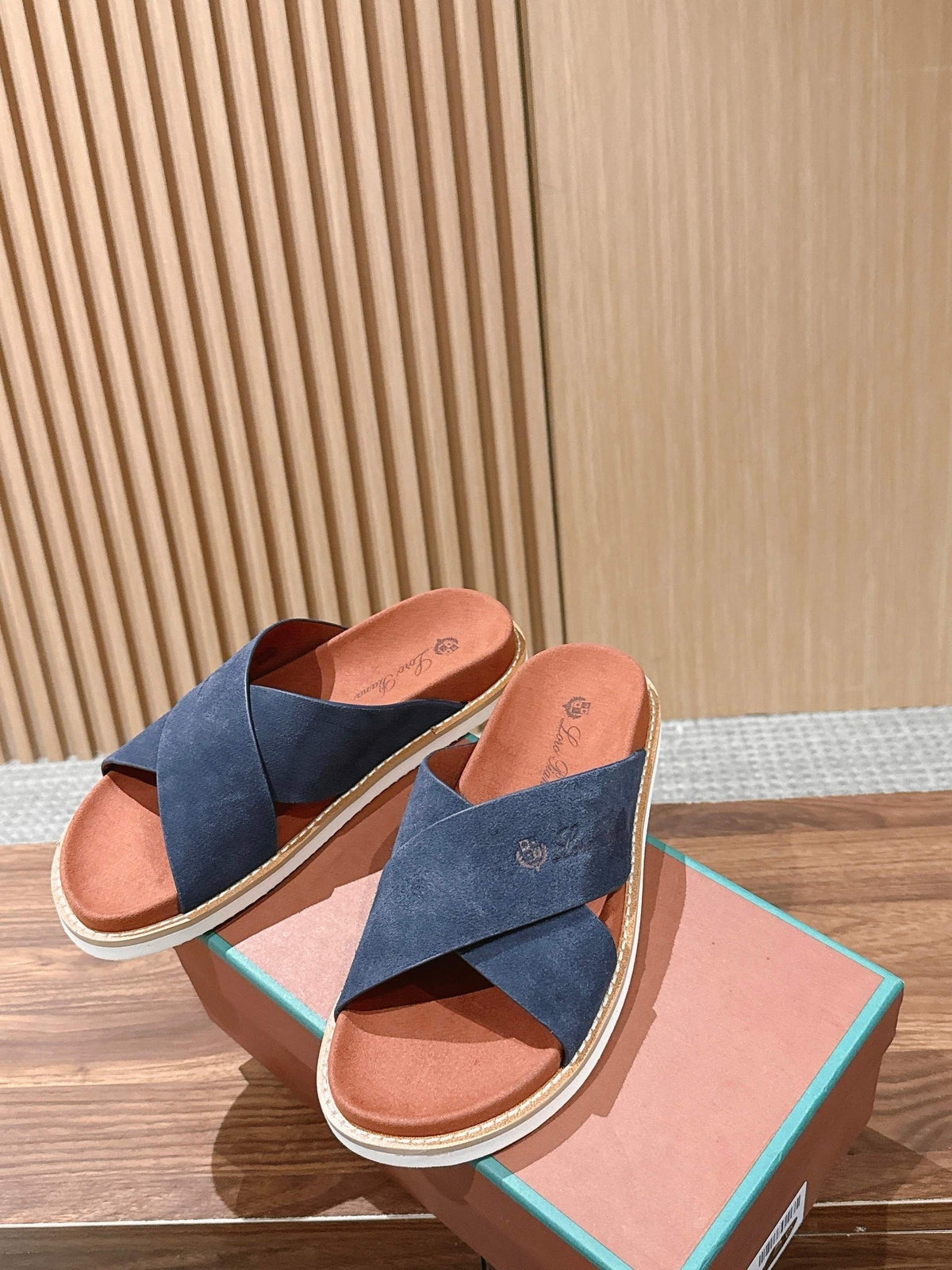 LP 26s Cross Strap Slides Sandal In Navy Blue Suede
