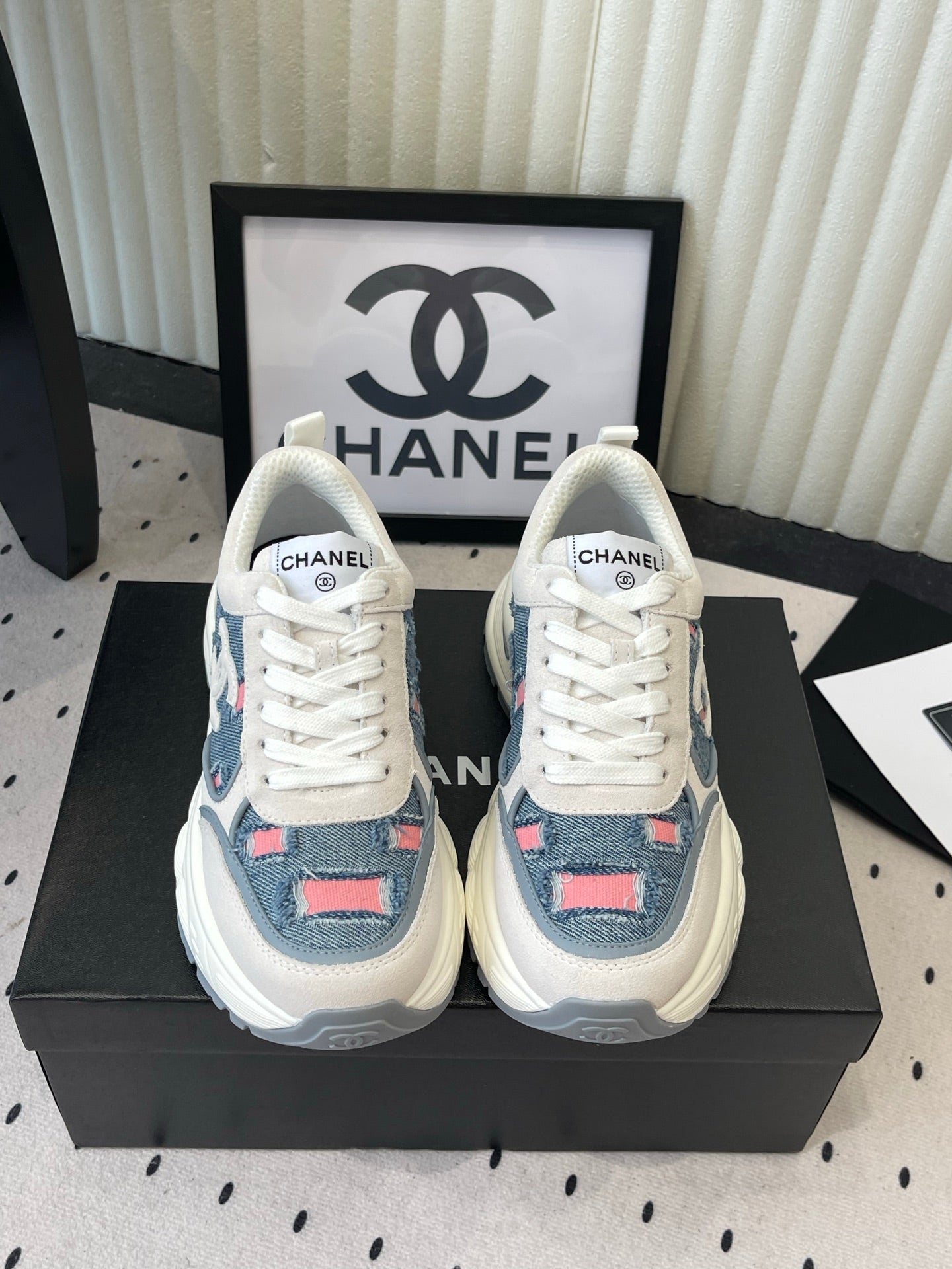CC 26s Chunky Platform Casual Sneakers Blue White Pink Denim Suede 968604
