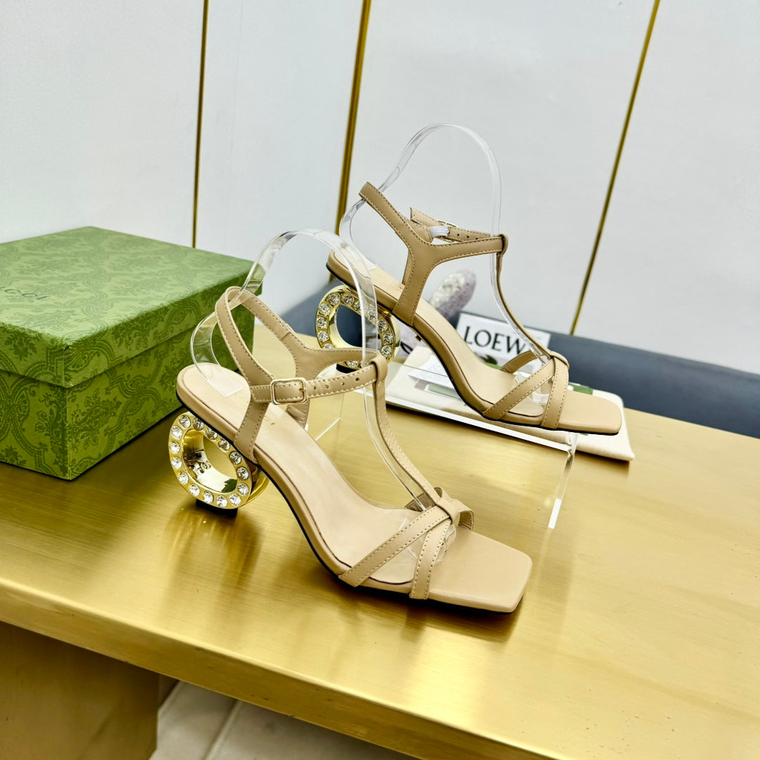 MEDIUM-HEEL SANDAL IN TAN BEIGE CALFSKIN WITH RHINSTONES
