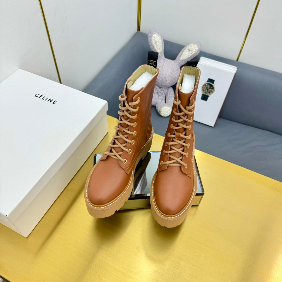 Celine 26s Bulky Lace-up Boot Brown Calfskin 987336