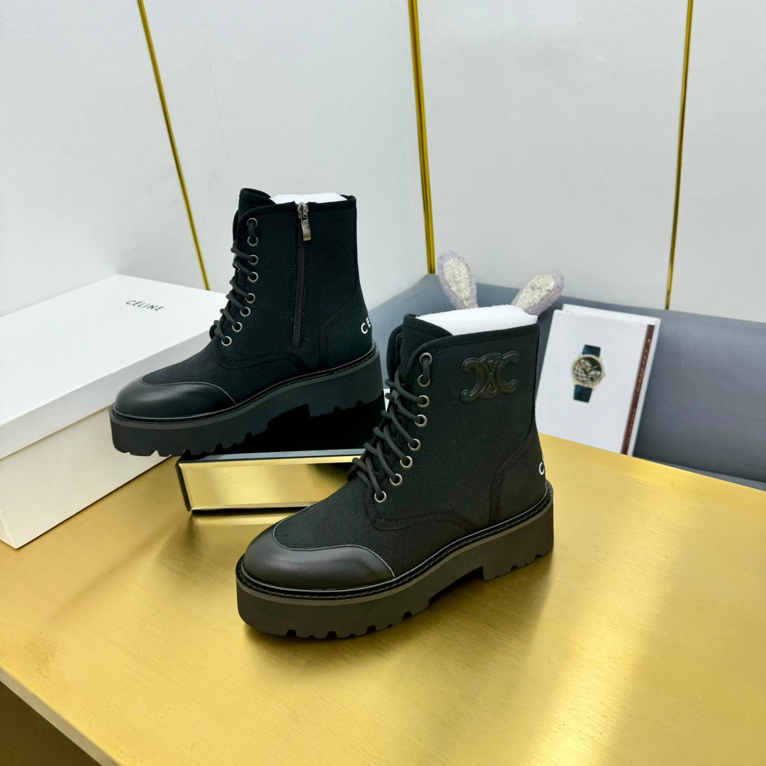 Celine 26s Bulky Lace-up Boot Black Canvas Calfskin 987337