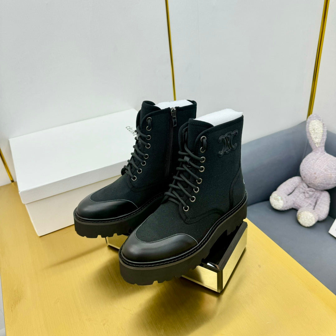 Celine 26s Bulky Lace-up Boot Black Canvas Calfskin 987337