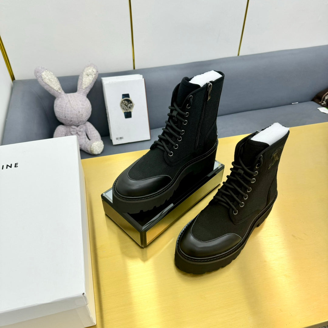 Celine 26s Bulky Lace-up Boot Black Canvas Calfskin 987337