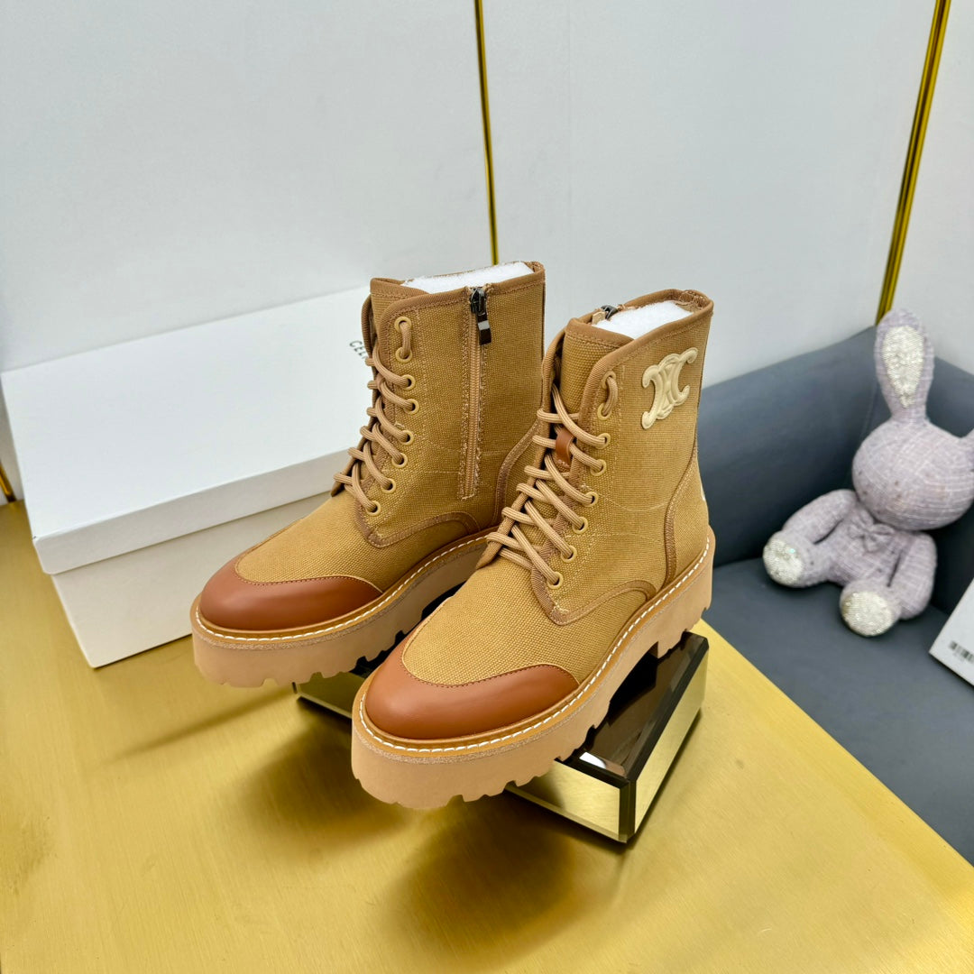 Celine 26s Bulky Lace-up Boot Khaki Canvas Calfskin 987338