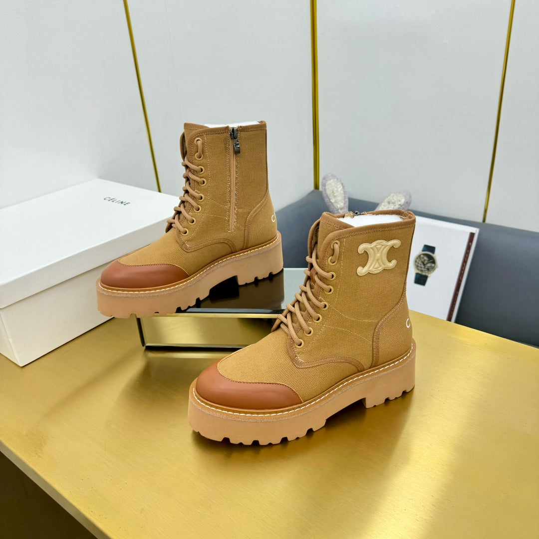Celine 26s Bulky Lace-up Boot Khaki Canvas Calfskin 987338