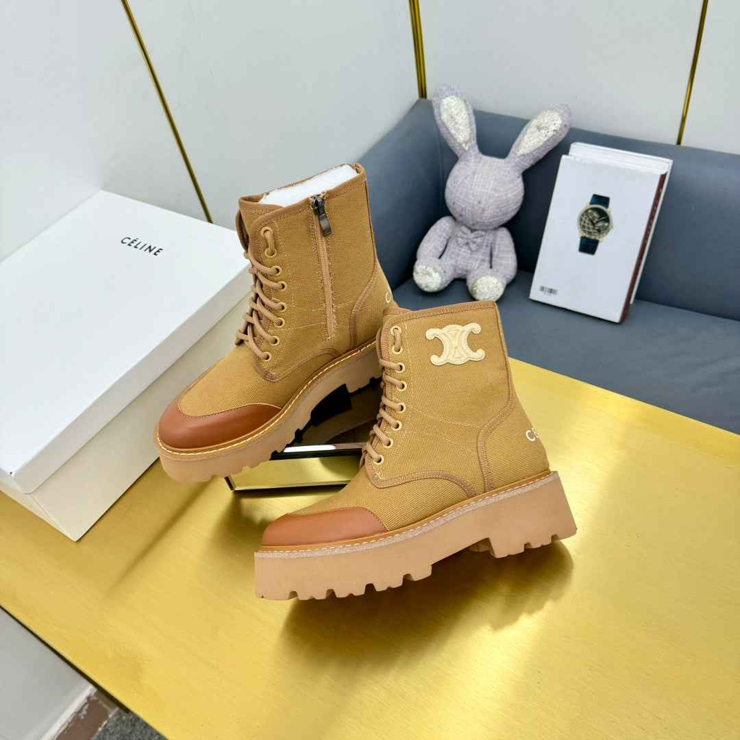 Celine 26s Bulky Lace-up Boot Khaki Canvas Calfskin 987338