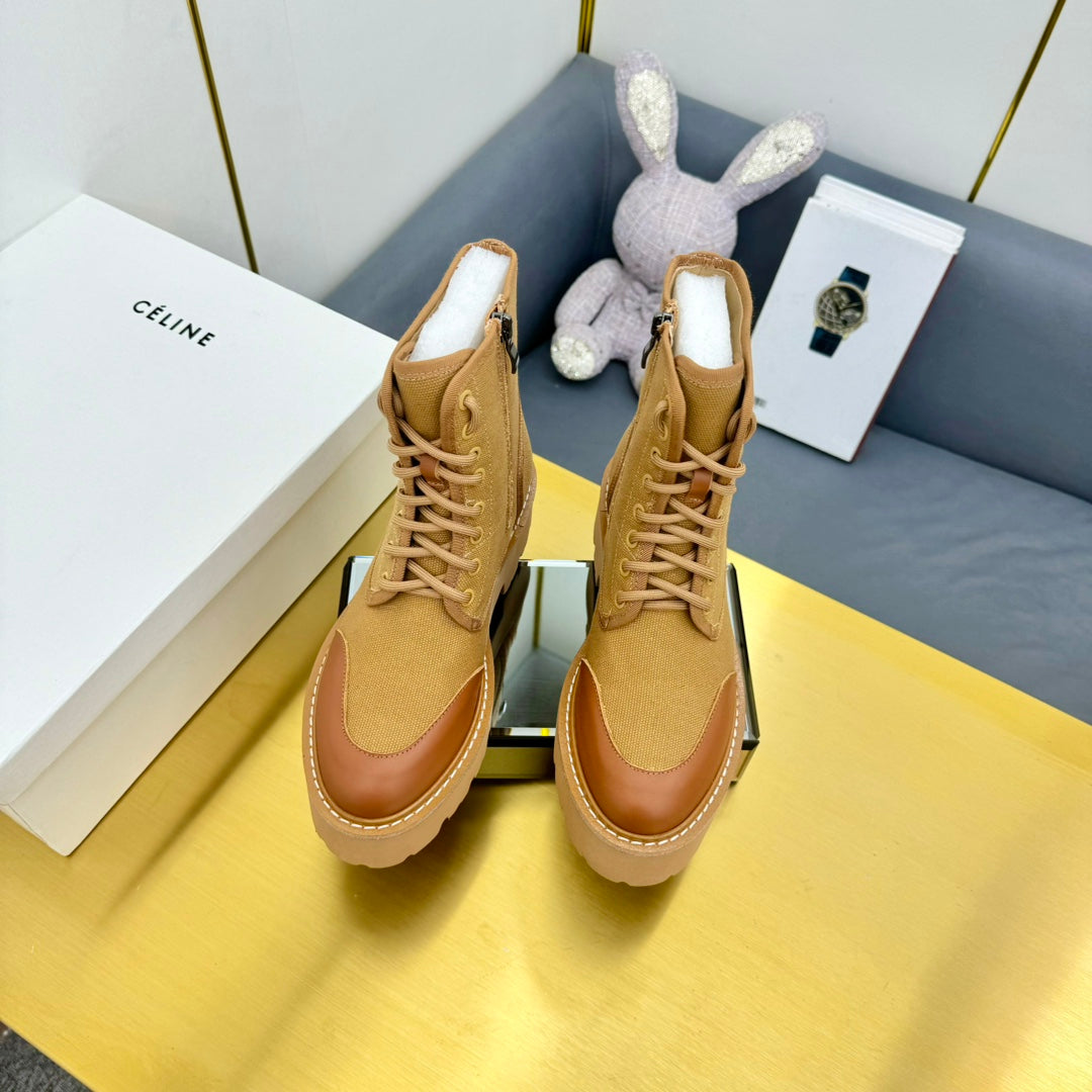 Celine 26s Bulky Lace-up Boot Khaki Canvas Calfskin 987338