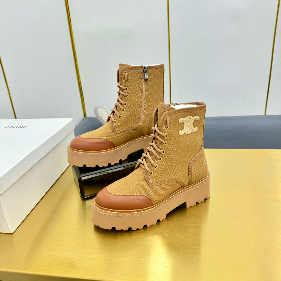 Celine 26s Bulky Lace-up Boot Khaki Canvas Calfskin 987338