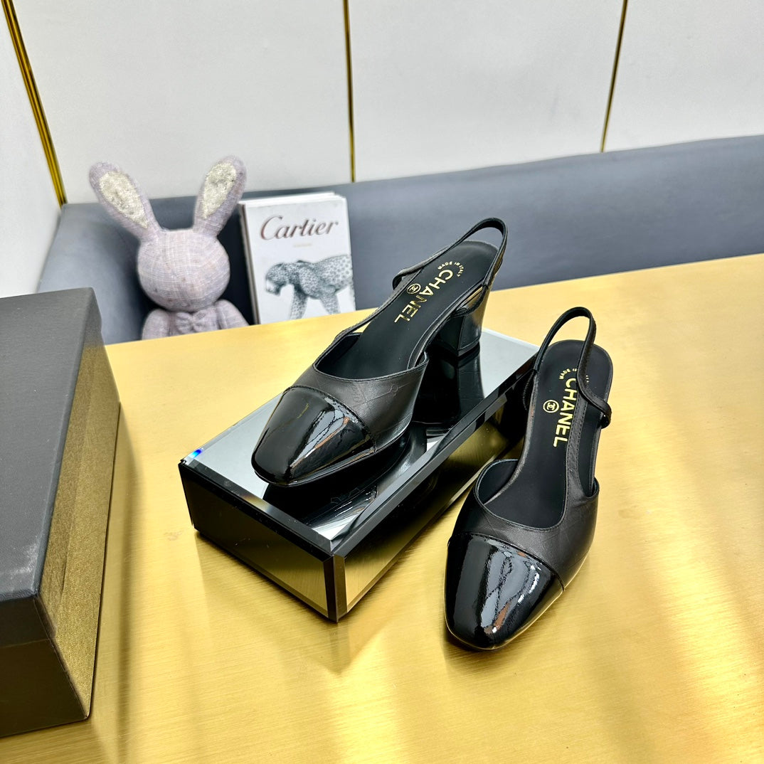 cc slingback pumps 65 in black lambskin and black patent calfskin 137443