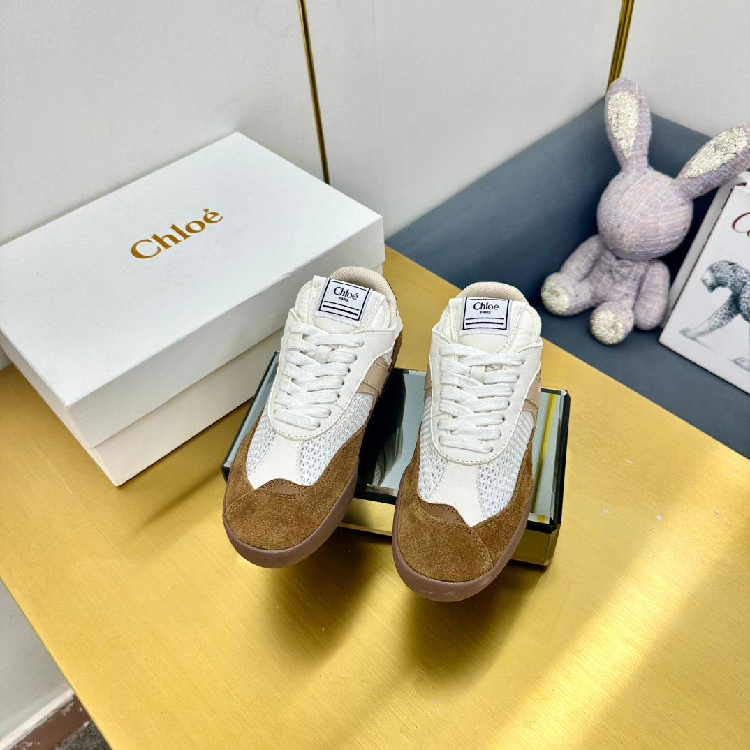 Choloe Kick Sneaker White Mesh Brown Suede