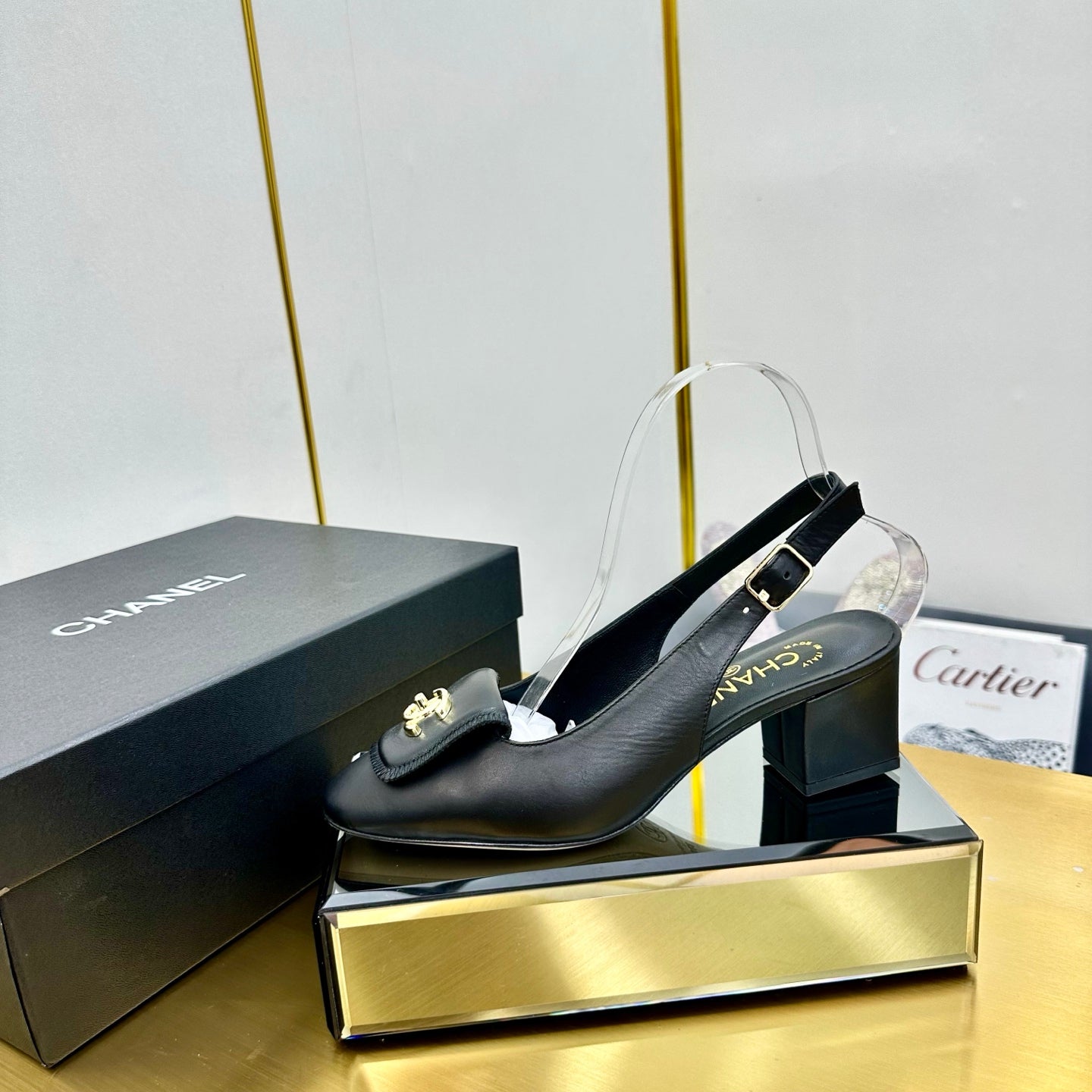 CC Slingback 25s In Black Calfskin With Gold Hardware