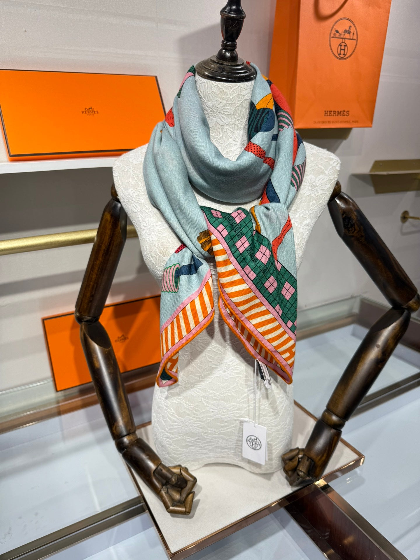 HM A Toute Allure Scarf 140 Light Blue Orange Cashmere Silk 200689