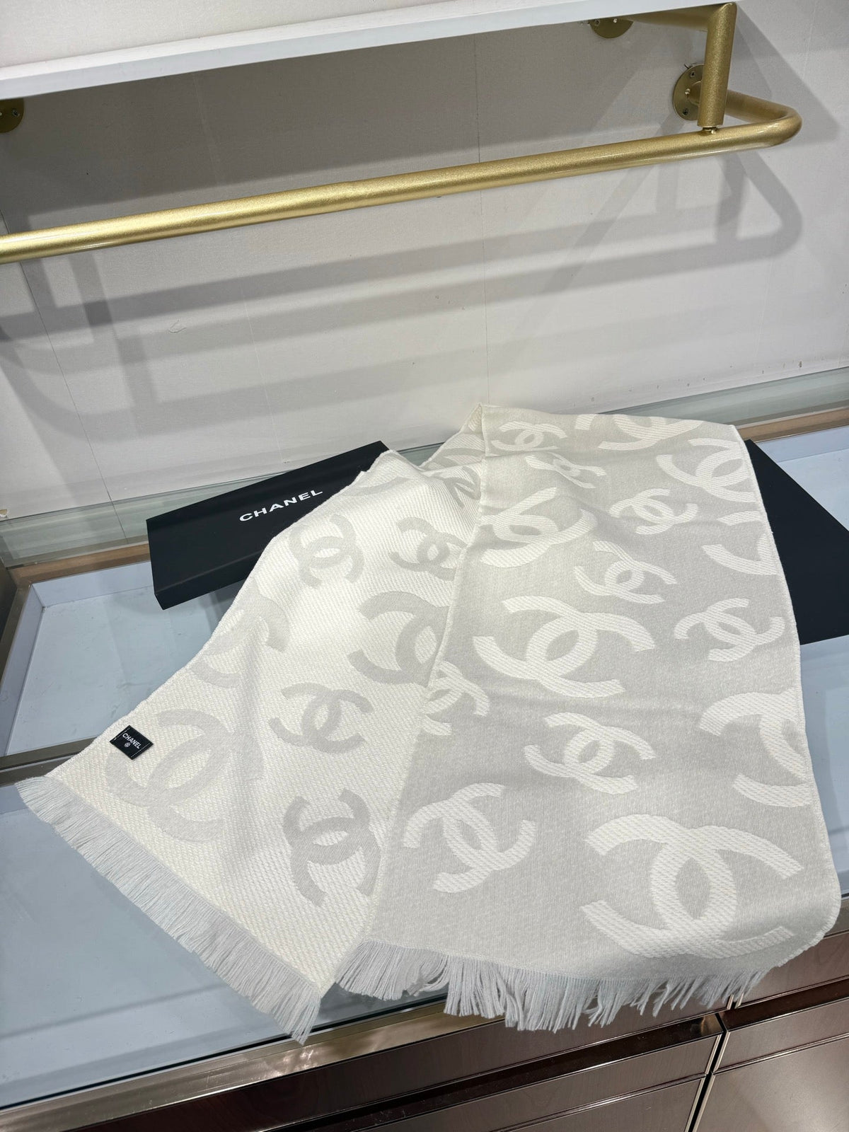 CC 26s CC Monogram Overlap Scarf 180cm Beige White Wool Cashmere 219030