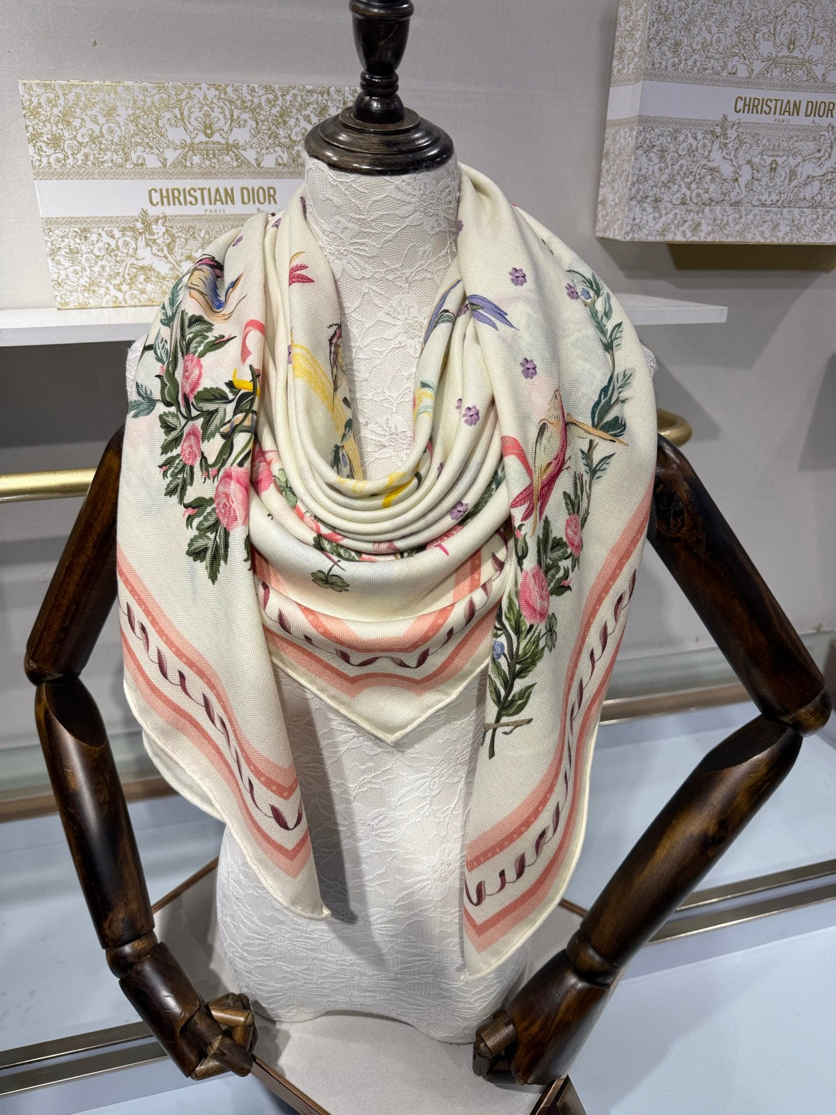 Dior 26s Toile de Jouy Flowers Scarf 140cm Off-White Pink Silk Cashmere 219449