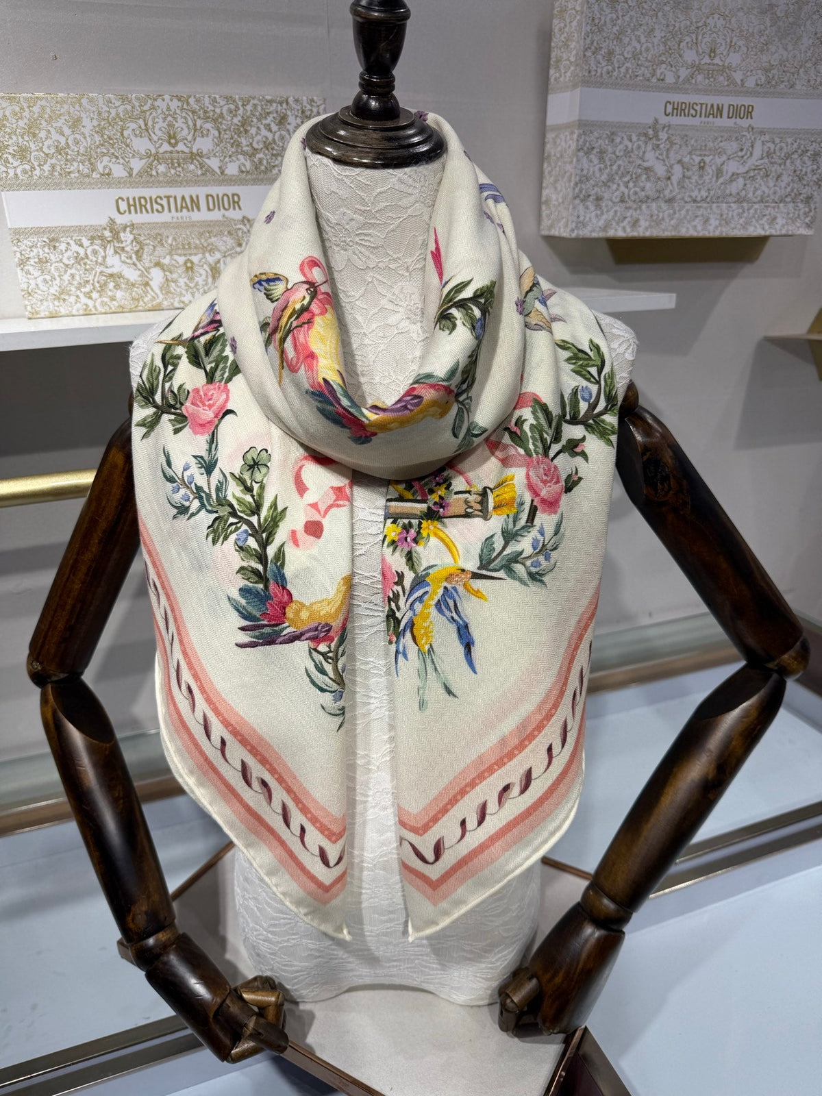 Dior 26s Toile de Jouy Flowers Scarf 140cm Off-White Pink Silk Cashmere 219449