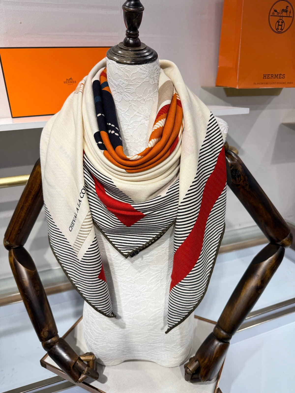 Hermes 26s Cheval a la Couverture Spirale Scarf 140cm Orange Beige Silk Cashmere 219457
