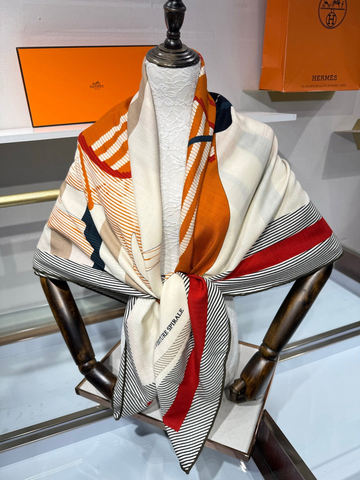 Hermes 26s Cheval a la Couverture Spirale Scarf 140cm Orange Beige Silk Cashmere 219457