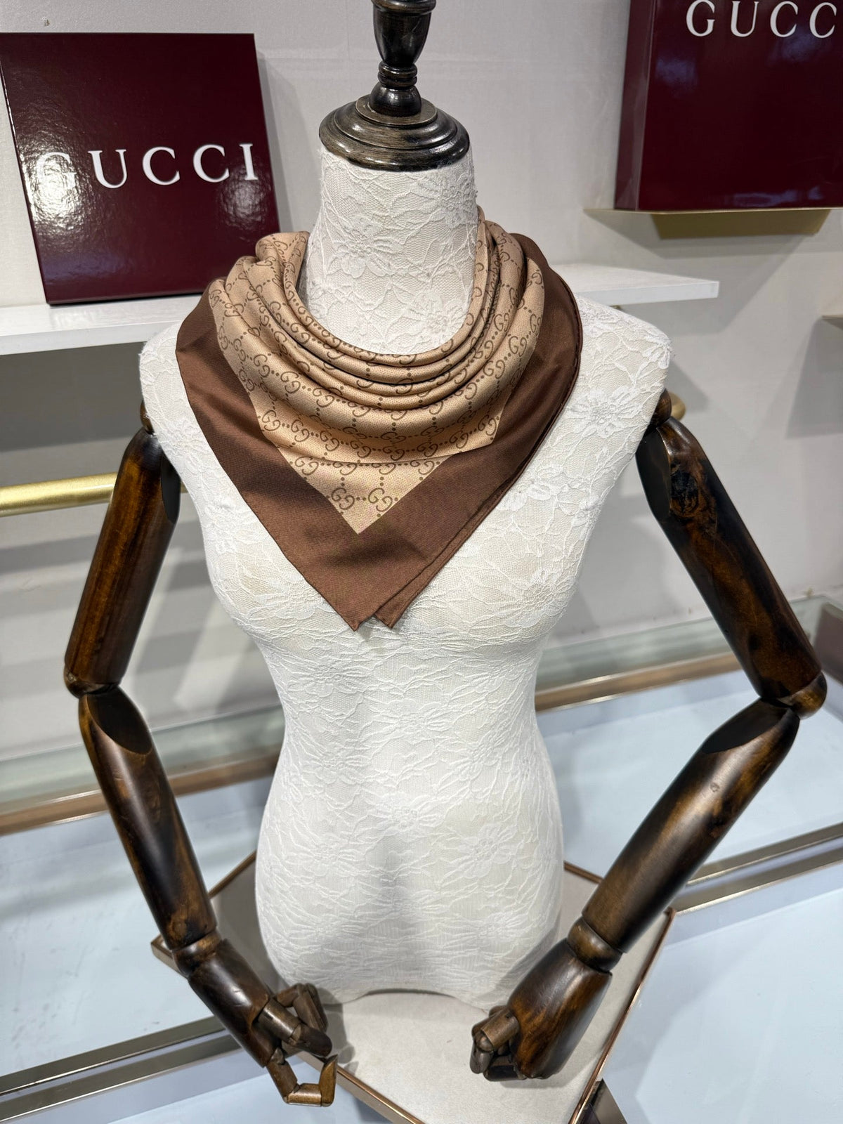 Gucci 26s GG Supreme Print Scarf 88cm Brown Beige Silk 219606
