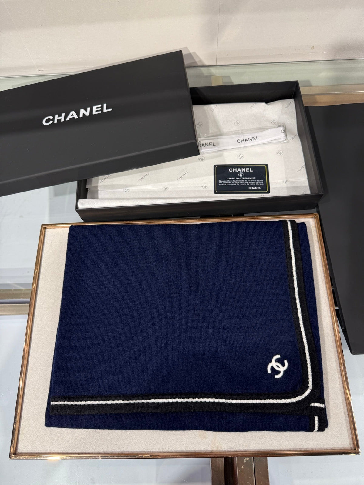 Chanel 26s CC Logo Contrast Border Scarf 74cm Navy Blue Cashmere 219701