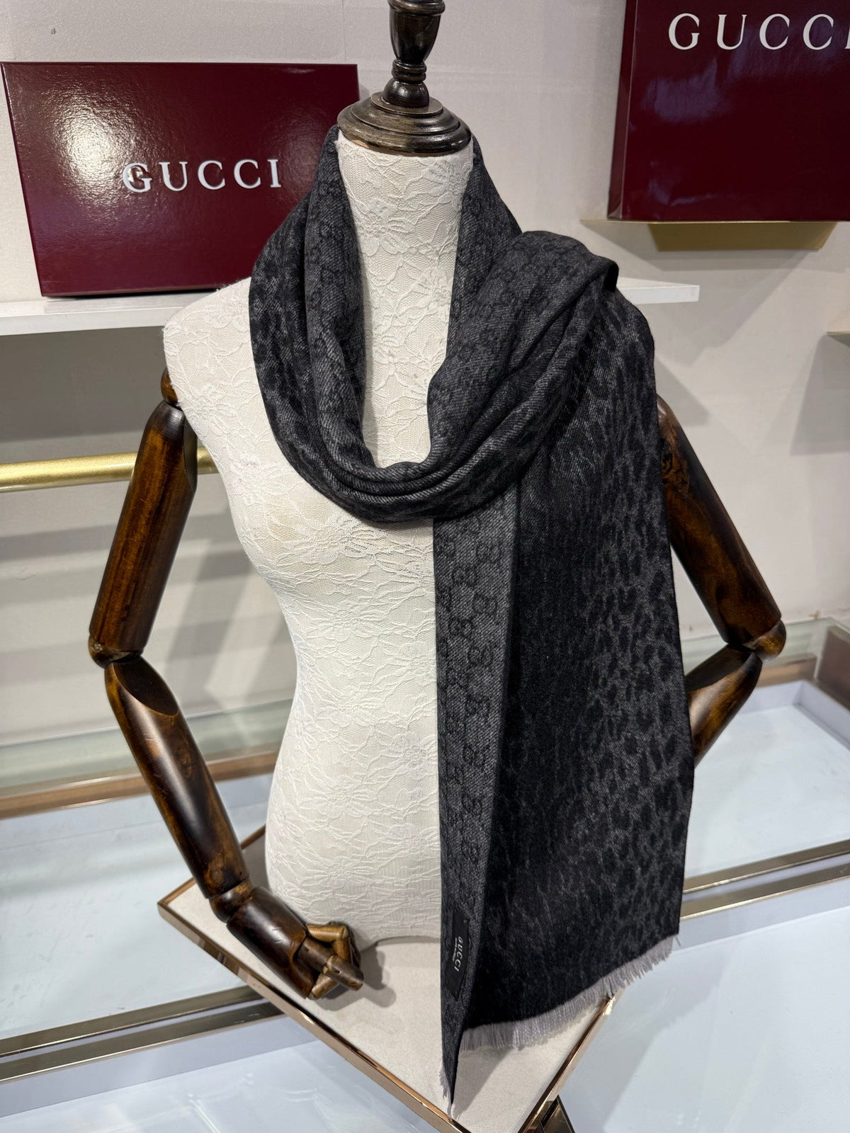 GG 26s GG Monogram Leopard Print Scarf 180cm Charcoal Black Cashmere Silk 219606