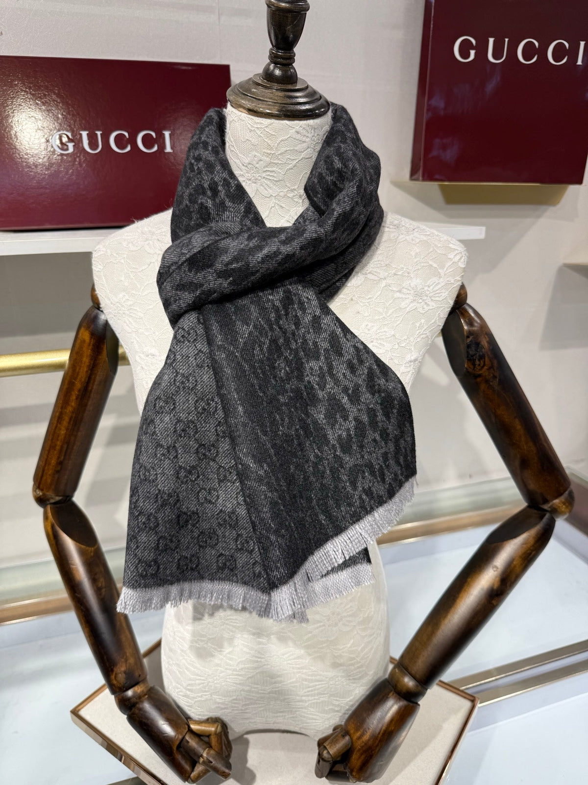 GG 26s GG Monogram Leopard Print Scarf 180cm Charcoal Black Cashmere Silk 219606