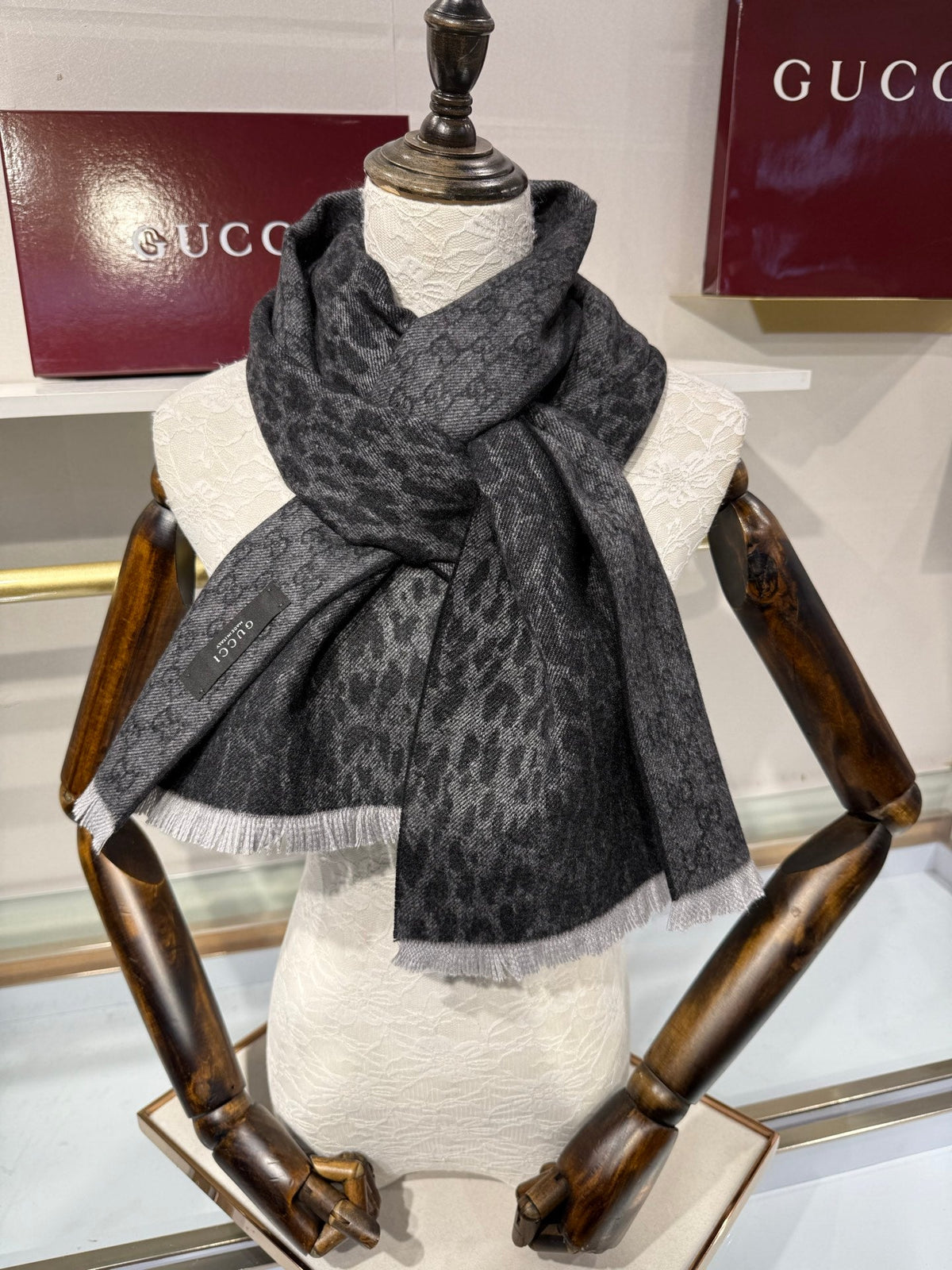 GG 26s GG Monogram Leopard Print Scarf 180cm Charcoal Black Cashmere Silk 219606
