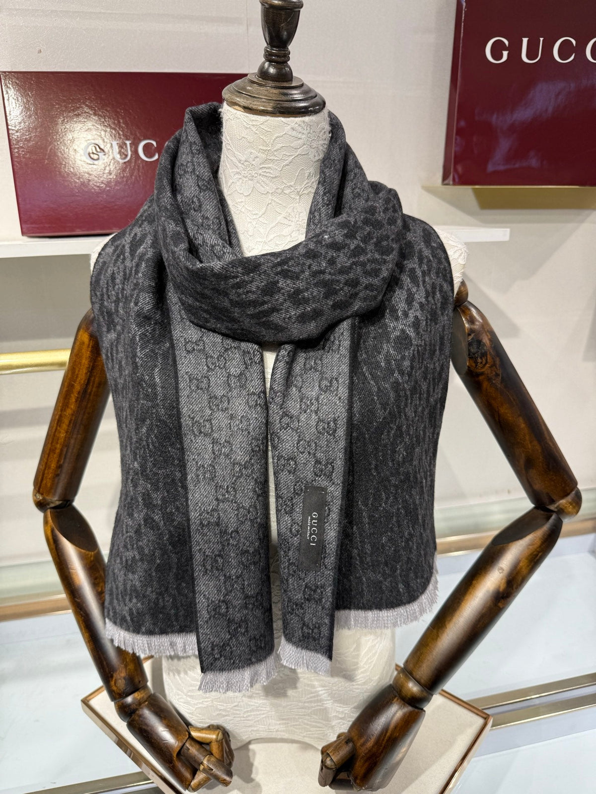 GG 26s GG Monogram Leopard Print Scarf 180cm Charcoal Black Cashmere Silk 219606